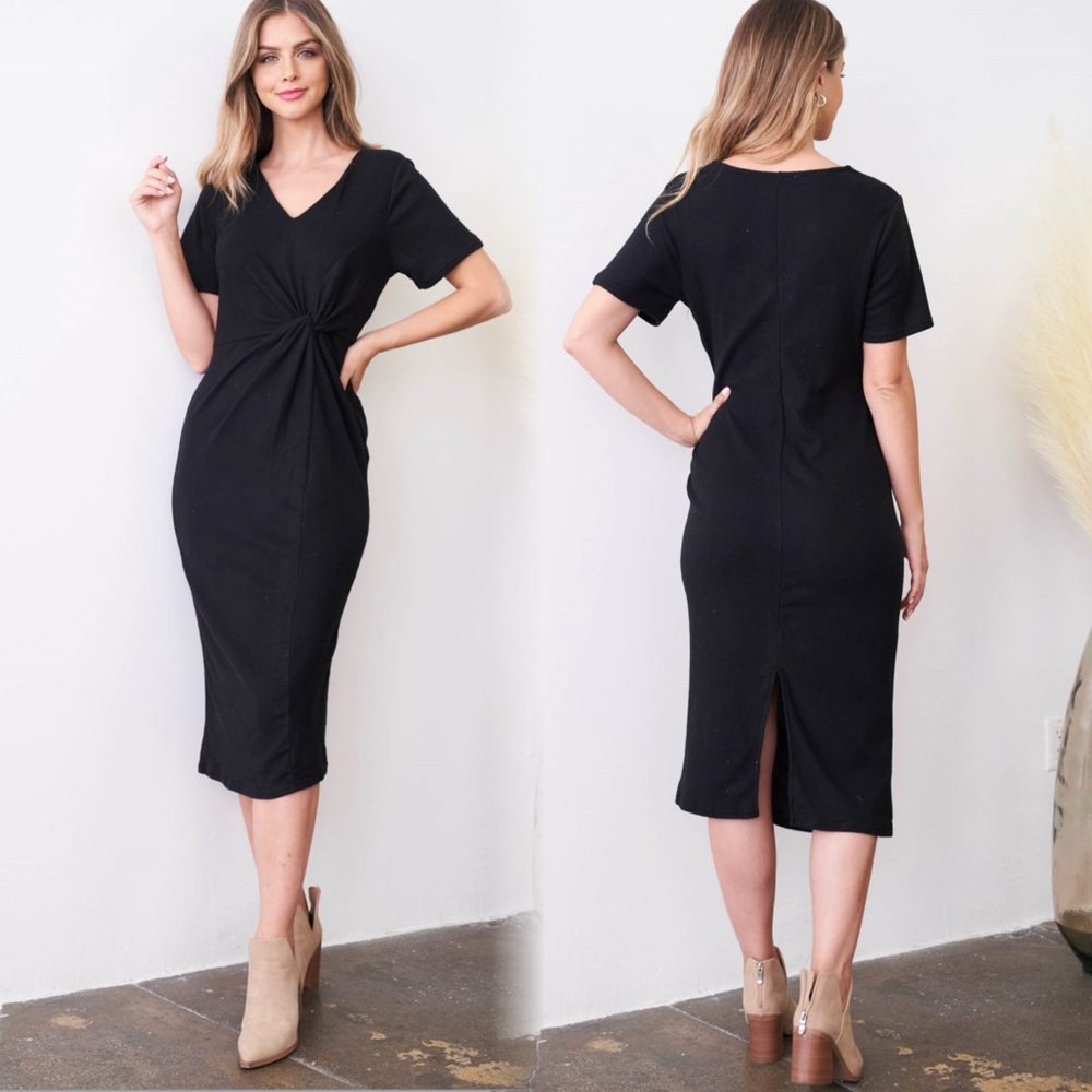 Elegant Black Twist Front Chic Classy Midi Dress